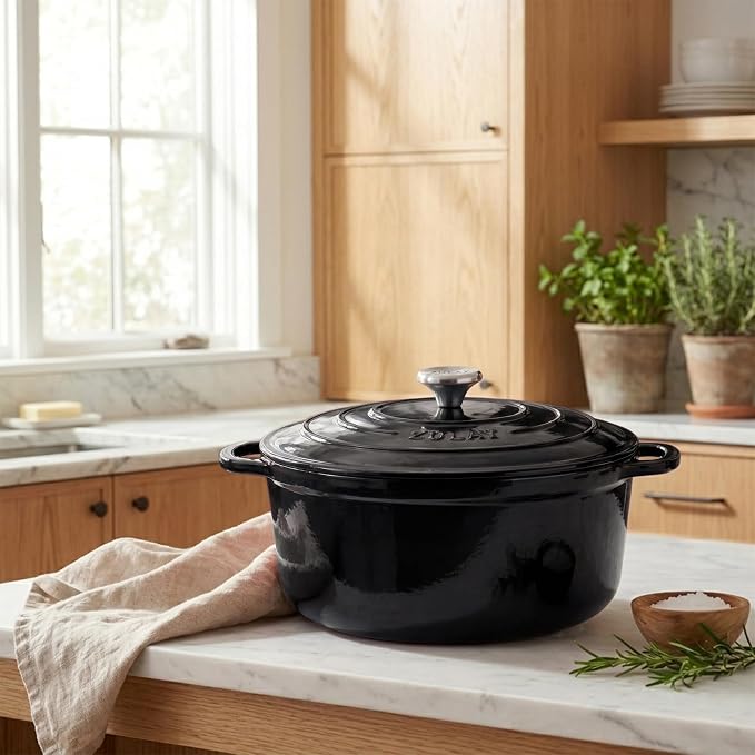 Zulay Kitchen 5 Quart Enameled Cast Iron Dutch Oven Pot with Lid – Premium Durability & Oven Safe up to 500°F – Heavy Duty Cookware Perfect for Bread Baking, Stews, Braising & Roasting – Black