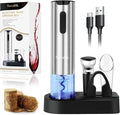 Secura Electric Wine Opener Set, Rechargeable Automatic Home Wine Bottle Opener Reusable Corkscrew with Foil Cutter, Vacuum Stoppers, Aerator Pourer Wine Set for Wine Lovers, Silver