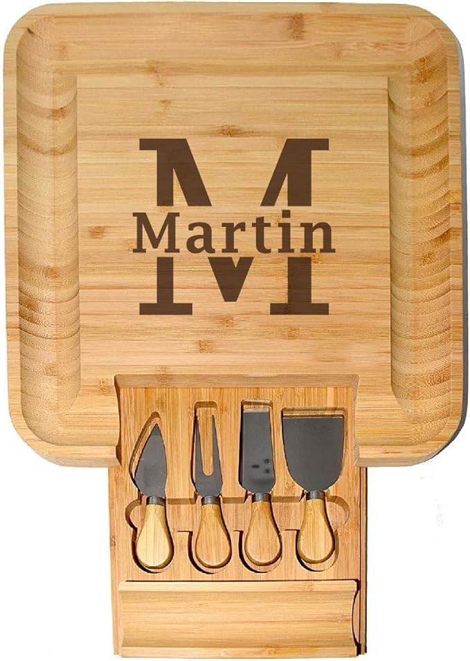 BT Trendz Personalized Charcuterie Board/Customized Bamboo Cheese Board/Serving Tray and Knife Set - Perfect Corporate, Wedding, Closing, Realtor, Birthday, Housewarming Gift - Gift for Dad/Mom (01)