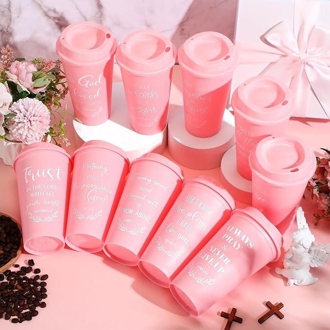 Skylety 20 Pack Bulk Christian Gifts for Men Women 16oz Reusable Bible Verse Tumbler Plastic Coffee Cup with Lid Inspirational Religious Church Gift for Teacher Graduation Party Favor (Pink)