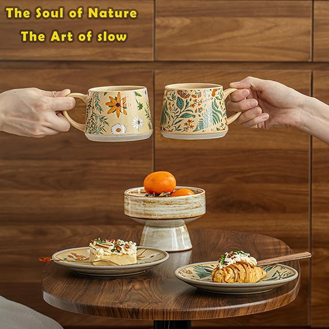 Ceramic Coffee Latte Mug and Saucer Set Cute Cup with Saucer for Women Ideal for Green Tea or Coffee Hand Painted Floral Design Pottery Set（Summer’s Whisper）