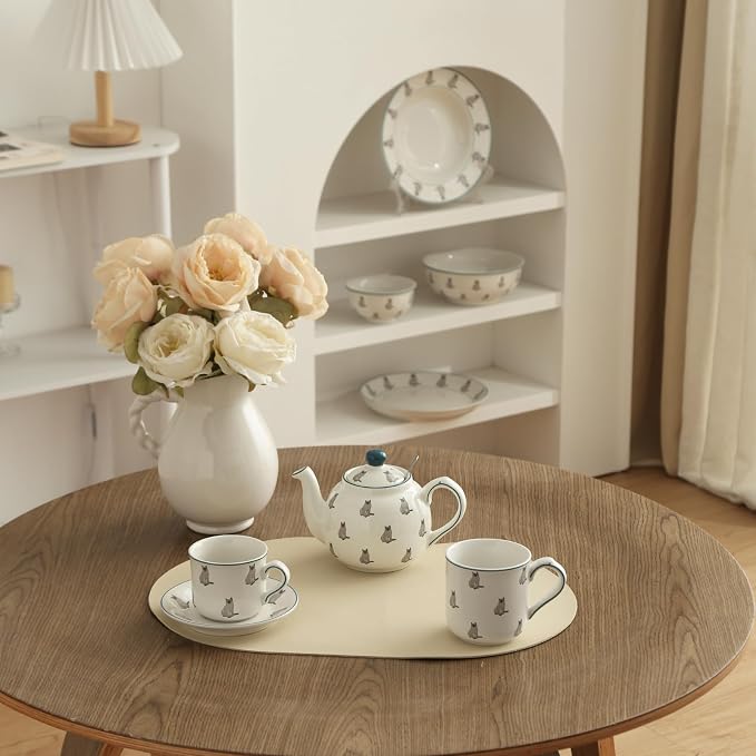 London Pottery Porcelain Coffee Cup with Saucer 220ml/7.4oz, British Teacup Set for Latte, Cappuccino, Espresso, Tea Party Wedding Birthday Housewarming Gift (Cat，Cup and Saucer, 220ml)