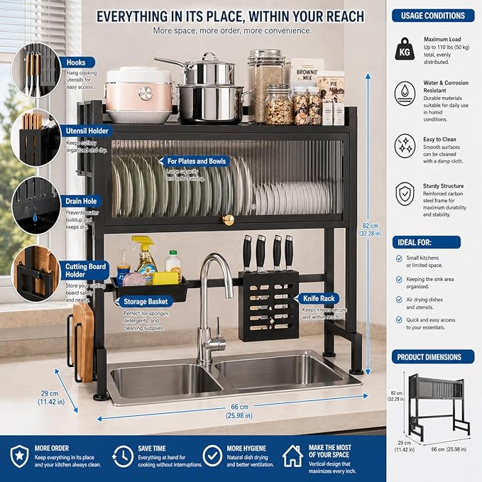 Over the Sink Dish Drying Rack, Black, Carbon Steel, 25.98 x 11.42 x 32.28 in, with Utensil Holder, Knife Rack, Storage Basket, Cutting Board Holder