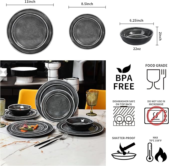 Melamine Dinnerware Sets- 12pcs Melamine Plates and Bowls Set for 4, Suitable for Indoor and Outdoor Use, Black