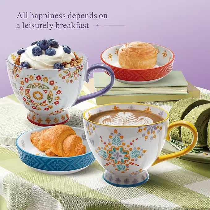 Large Ceramic Coffee Mugs Set of 2,15 oz Stoneware Coffee Cups with 2 Saucers,Underglaze Hand-Painted Cup For Coffee/Cereal/Beer,Festivals and Housewarming Gifts For Family And Friends | Bohemian Hand-Painted Cup for Latte, Tea, Espresso, Microwave & D...