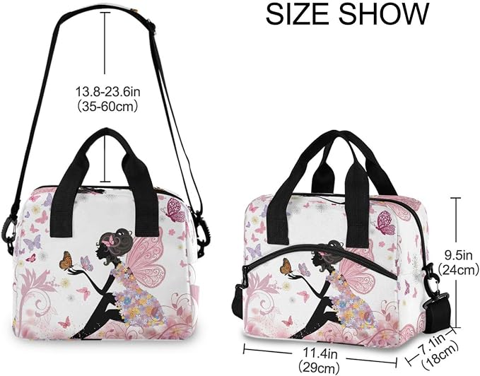 OREZI Lunch Bag for Girls Women,Flower Fairy Pink Butterflies Lunch Box Container with Detachable Shoulder Strap,Insulated Lunch Coolers for School Office