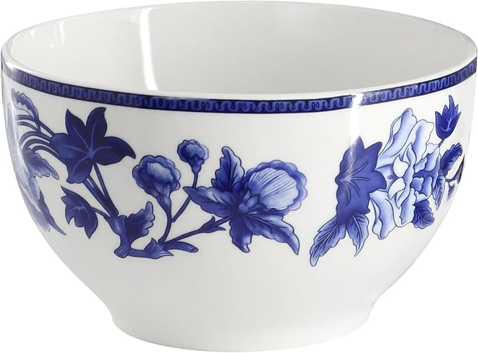 Elama Cattleya Orchid Design 16 Piece Round Porcelain Dinnerware Set in Blue and White, Tableware Set, Service for 4