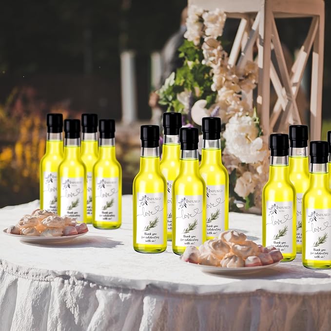 Reallnaive 30 Sets 5 oz Mini Olive Oil Glass Bottles for Homemade with Lids Heat Shrink Cap Stickers and Funnels Clear Mini Olive Oil Woozy Bottle Hot Sauce Glass for Wedding Favors Guest Babyshower
