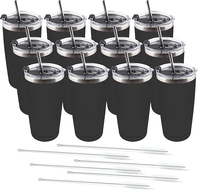 Amtidy 16 Pack 20oz Stainless Steel Tumbler with Lid, Powder Coated Vacuum Insulated Tumbler Cup, With straw and cleaning brushDouble Wall Coffee Tumbler, Powder Coated Travel Mug