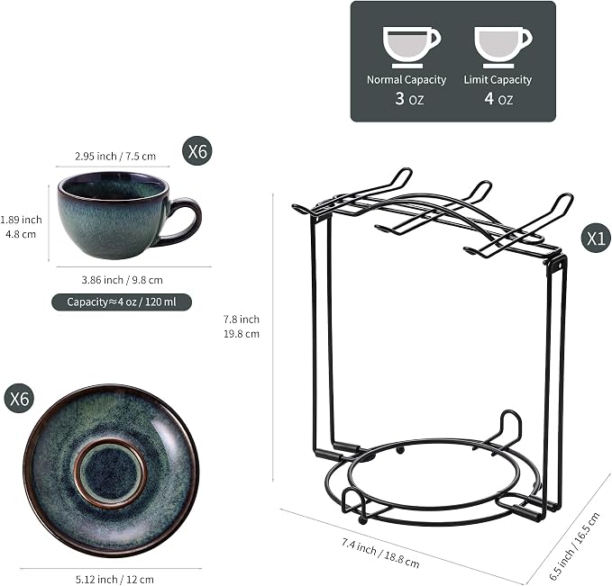 6 sets of 4OZ green coffee cup saucer sets, ceramic coffee cups with metal display racks, unique kiln enamel technology, suitable for tea, espresso, latte, cappuccino (6, Green, 4, ounces)