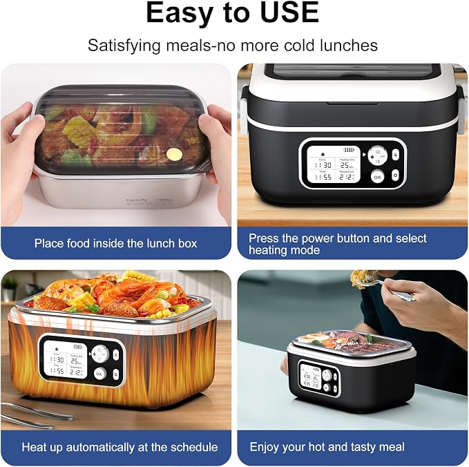 Cordless Electric Heated Lunch Box, 1.5L - 6.3 Cups 100W Rechargeable Smart Self-Heating Food Warmer with Removable Divider, Spoon, Fork, BPA Free, Portable Lunchbox for Car Travel Office Black