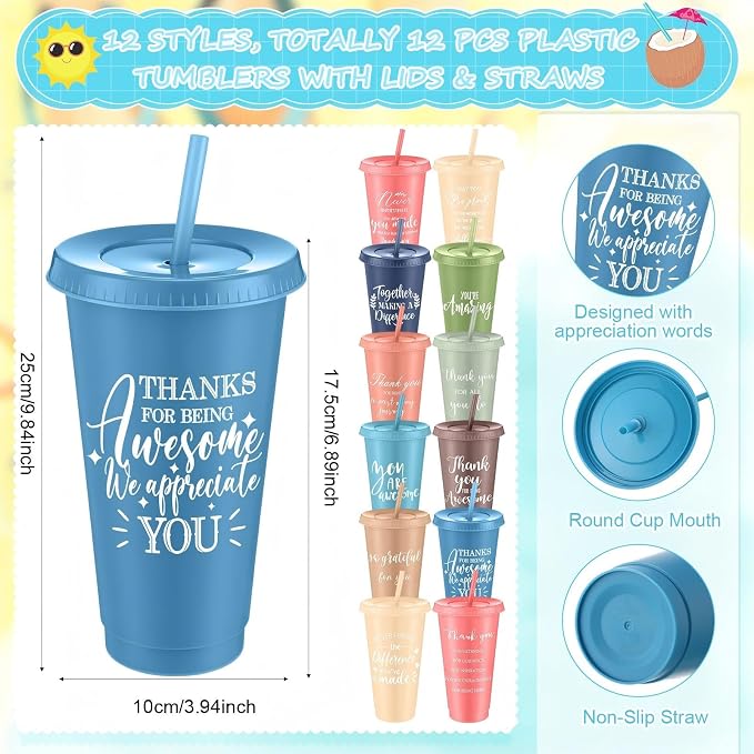 Shellwei 36 Pcs Employee Appreciation Gifts Bulk 24 oz Thank You Tumbler with Lid and Straw Mini Spiral Notebooks and Pens Appreciation Gifts for Team Employee Coworkers Teacher (Different)