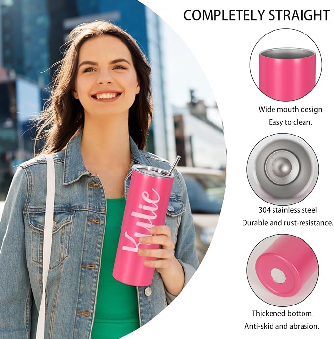 4 Pack 20 Oz Straight Skinny Tumblers,Individually Gift Boxed Stainless Steel Slim Skinny Tumbler Set Bulk, 20 Oz Insulated Slim Thin Travel Tumbler Cup for Diy,Hot Pink