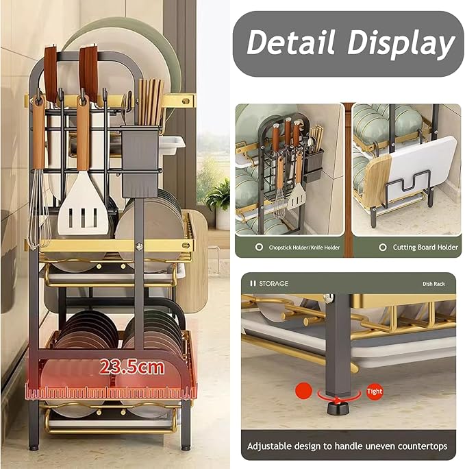 Dish Drying Rack, Carbon Steel 2/3 Tier Over-The-Sink Storage with Drain Tray, Chopsticks Rack and Knife Holder