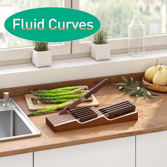 Knife Drawer Organizer, Bamboo Wood Knife Organizer Drawer Insert, Brown Knife Block Fit for 11 Knives