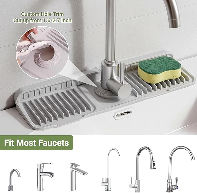 Faucet Mat for Kitchen Sink, 17.7" x 5.5" Silicone Sink Faucet Mat Splash Guard, 7° Slope Fast Self-draining, Bathroom Countertop Protectors to Catch Spills, Foldable & Snap Lock Fit (Gray)