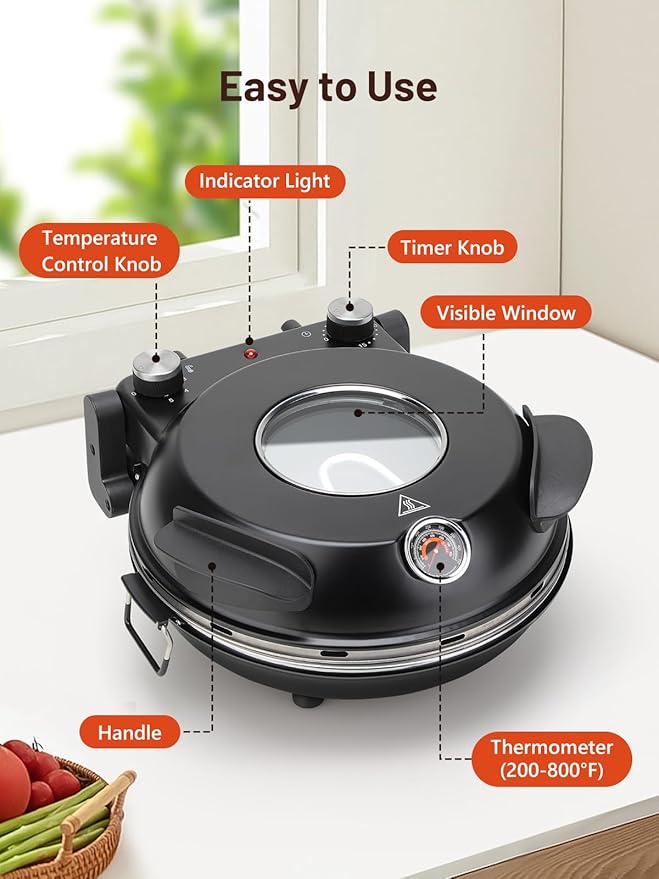 KEENSTAR Pizza Oven Indoor 12-Inch, Countertop Glazed Ceramic Stone Pizza maker with Adjustable Timer, 1200W Heat up to 800°F, Electric Pizza Cooker with Viewing Window Baked Pizzeria Style at Home