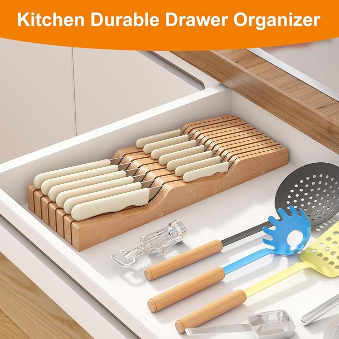 In-Drawer Knife Block Organizer - Bamboo Wood Drawer Knife Organizer-Protecting Knife Organizer Block (Not Included) (Natural, 13 Knives Dock)