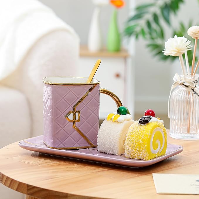 Zubebe 1 Set Coffee Mug Elegant Handbag Shaped Cup Modern Ceramic Purse Mug with Spoon and Saucer, 10oz Cute Creative Tea Cup for Woman Girls Gift (Purple)