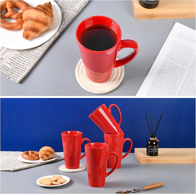 BYCNZB 16oz black Funnel Ceramic Tall Coffee Mugs for Coffee, Tea, Cocoa, Latte, Milk set of 4 (Red)