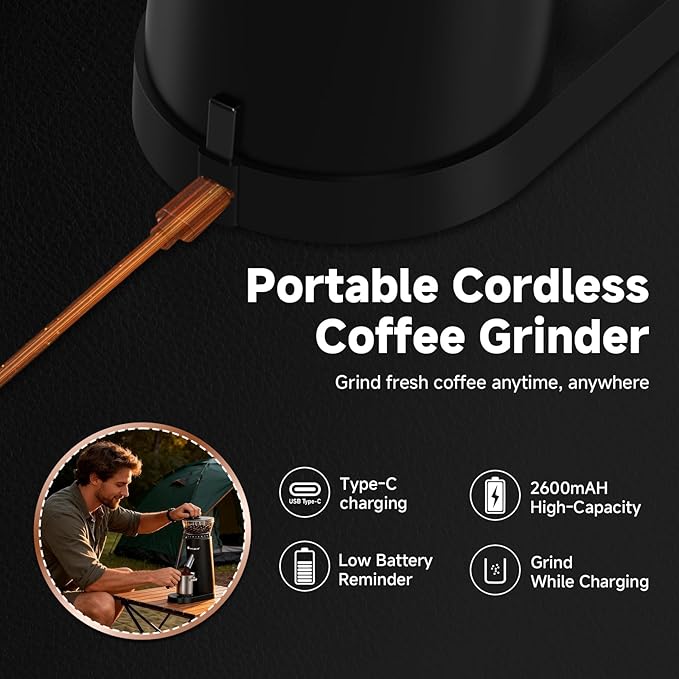 AAOBOSI Burr Coffee Grinder with 60 Grind Settings, Rechargeable with Anti-Static, 5-98s Digital Timer & Touchscreen, Portable for Espresso, Pour Over, French Press, Travel & Camping.