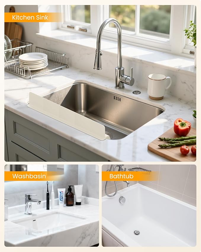 Kitchen Sink Splash Guard 23" 18" 30" Silicone Water Guard with Strong Suction Cups, Faucet & Countertop Protector, Bathroom & Sink Edge Splash Guard Strip, Dishwasher Safe-Cream 23"