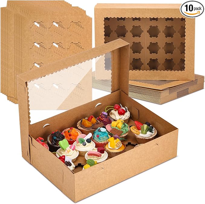 AmazingSpark 10 Pack 24 Count Cupcake Boxes, Mini Cupcake Containers, 14.9 x 11 x 4 Inch Kraft Disposable Bakery Boxes with Window and Inserts for Birthday Holiday Party Bakery Desserts