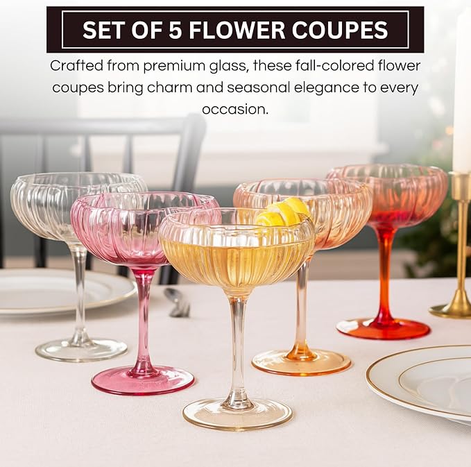 Khen Flower Vintage Wavy Glass Coupes Martini, Champagne & Cocktail Coupes - Set of 5-7oz Colorful Cocktail Glasses & Champagne, Prosecco, Mimosa Glassware Gift, Copyright Design - Summer Flora Coupes