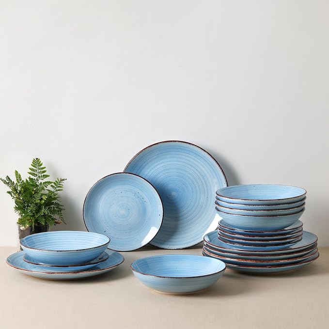 Dinnerware Sets for 6, 18 Piece Plates and Bowls Sets, Stoneware Dishware Sets Kitchen, Scratch Resistant Dishes, Microwave & Dishwasher Safe (Blue, Service for 6(18PCS))