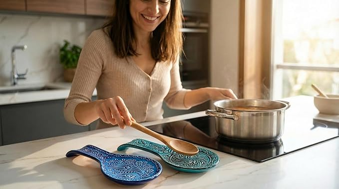 Turkish Ceramic Spoon Rest for Stove Top Set of 2-Spoon Holder for Countertop,Kitchen Decor for Counter-Handmade Dishwasher Safe