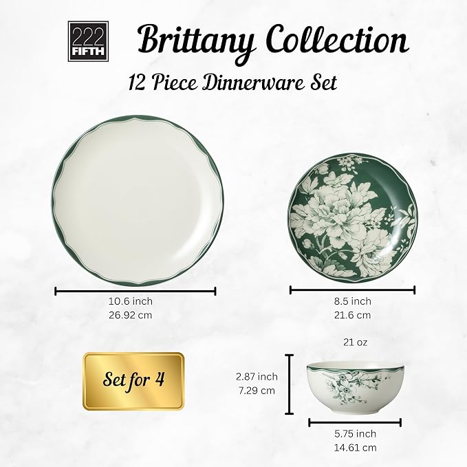 222 Fifth 12-Piece Porcelain Dinnerware Set for 4, White & Sage Green Plates and Bowls Set, Glossy Ceramic Dish Set with Detailed Floral Design, Microwave & Dishwasher Safe Dishes for Dining, Brittany