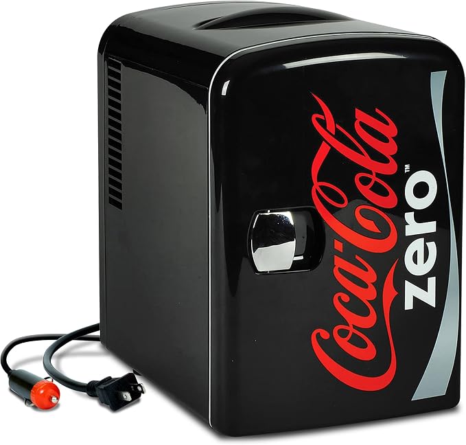 Coke Zero Mini Fridge - Refrigerator for Bedroom Office, Portable Table Top Beverage Cooler, 12V 110V Refrigerador For Drinks, Soda, Wine, Use In Car, Dorm, Outdoor, Patio, 6 Can
