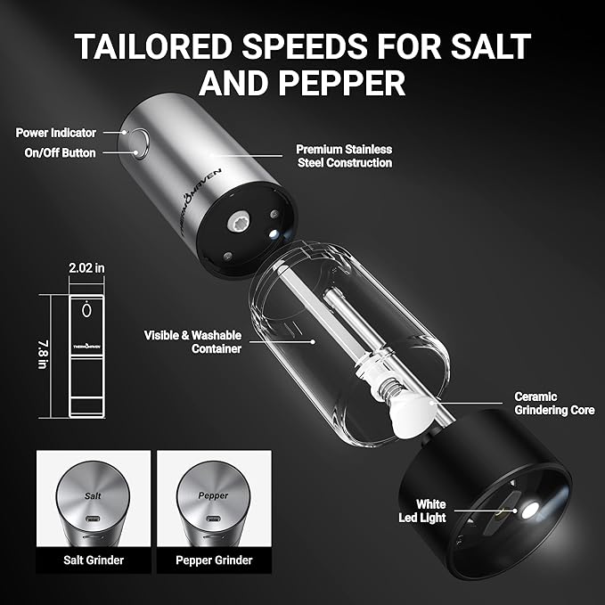 ThermoMaven Electric Salt and Pepper Grinder Set, 110ml Larger Rechargeable Automatic Salt and Pepper Mill Grinder with 6 Adjustable Coarseness, Electric Salt and Pepper Shakers, LED, 2 Packs, Black