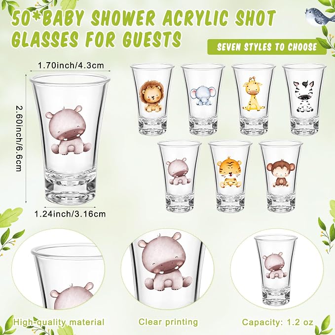 Pickmesh 50 Sets Safari Baby Shower Shot Glasses for Guests Include Animal Shot Glasses Thank You Cards Organza Bags for Jungle Woodland Gender Reveal Party Supplies