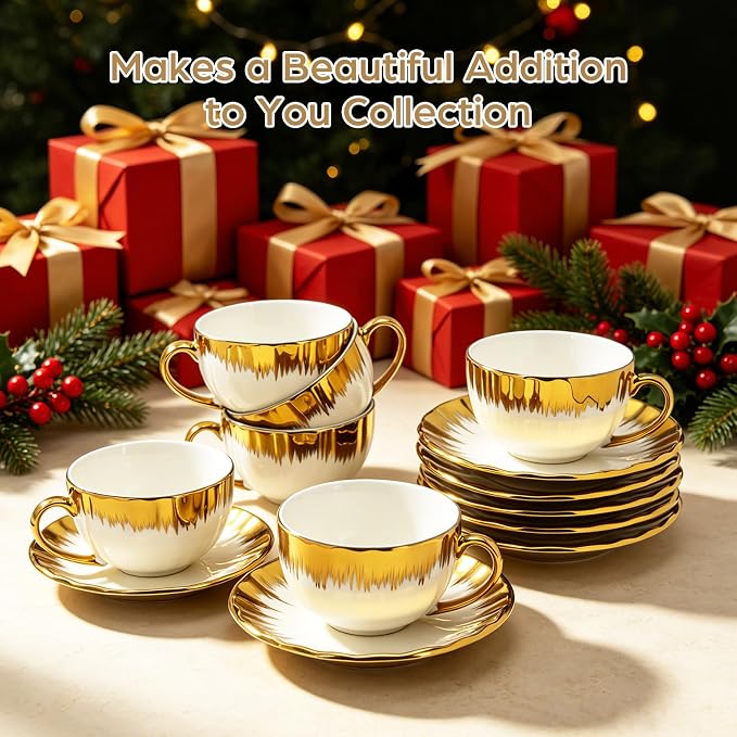 Cappuccino Cups with Saucers, 8 oz Ceramic Coffee Cup Set of 6, Espresso Cups with Sakura Spoons, Porcelain Tea Coffee Mugs for Specialty Coffee Gift, Microwave and Dishwasher Safe