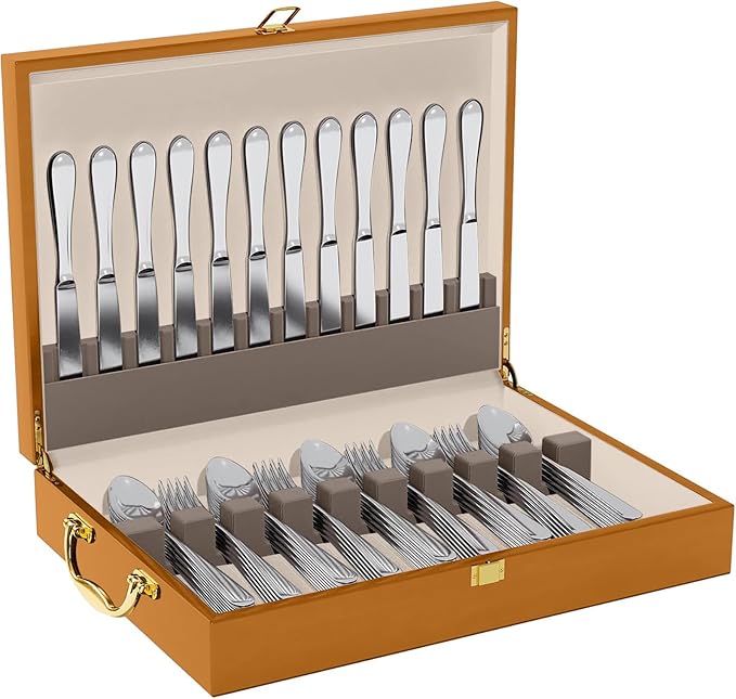 Wooden Silverware Storage Box With Lid, Cutlery Case With Handle & Felt Lined, Silver Flatware Chest for 12 Sets of Utensil for Forks, Knives, Spoons, Kitchen and Dining Organizer, Walnut