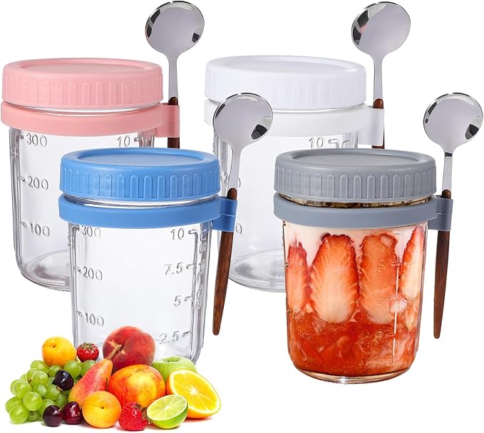 4 Pcs 400ml Macaron Mason Jars with Lids and Spoons Wide Mouth Glass Food Storage Containers for Overnight Oats, Yogurt, and Meal Prep in White, Gray, Light Blue, and Pink