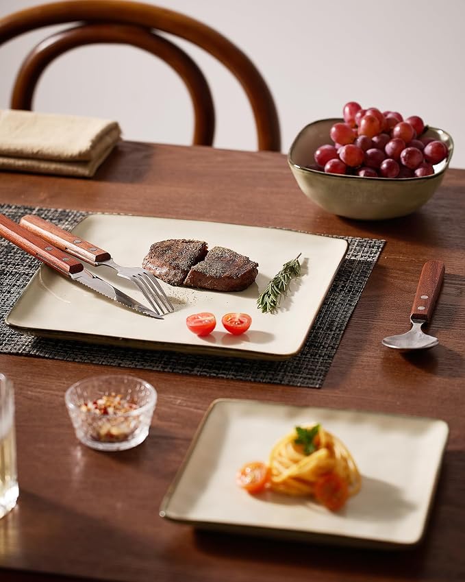 Famiware Stoneware Dinnerware Sets for 6, Ocean Square 18-Piece Kitchen Plates and Bowls Sets, Microwave and Dishwasher Safe, Scratch Resistant, Light khaki