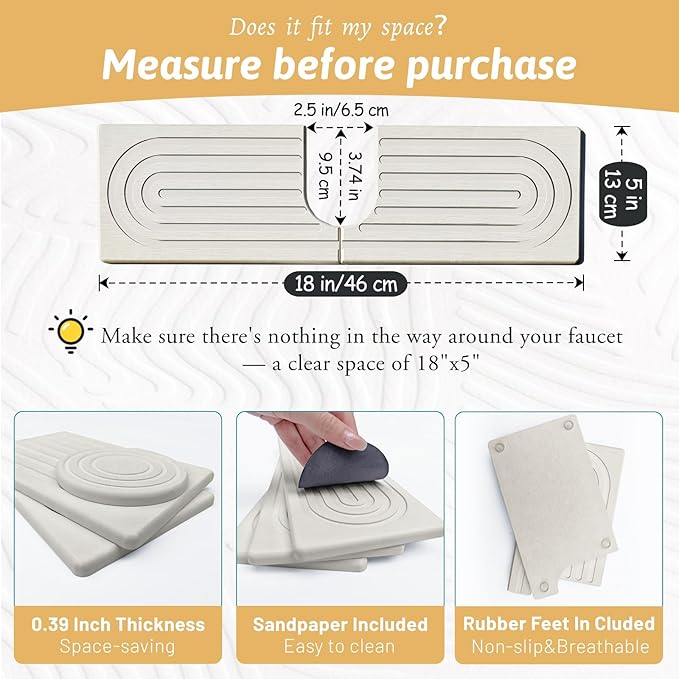 18'' Wider New Upgrade Faucet Mat for Kitchen Sink with U-Shape Hole, Super Fast Drying Diatomite Stone Mat, Sink Splash Guard Draining Mat around Faucet for Island Countertops, Perfect Gift, Ash Grey