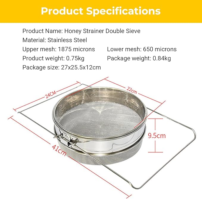 Stainless Steel Honey Strainer, Double Sieve for 5 Gallon Bucket, Beekeeping Equipment with Extendable Arms, Honey Debris Filter