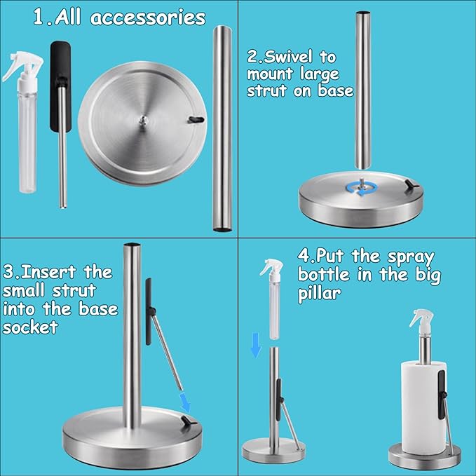 Paper Towel Holder with Spray Bottle, Countertop Kitchen Paper Towel Dispenser, Featuring Spring Arm and Weighted Base for One-Handed Operation (Brushed Nickel)