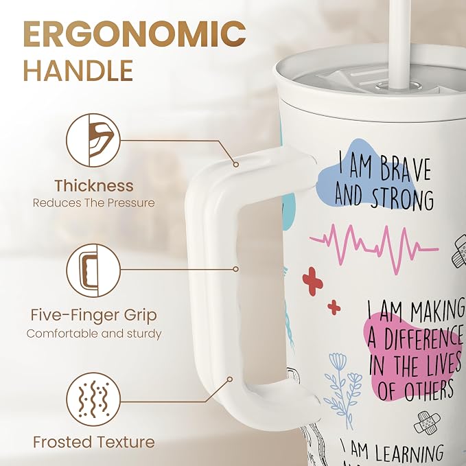 Nurse Tumbler with Handle 40oz, Coffee Travel Mug with Straw, Inspiration Gifts for Women Female Nurses, Nursing Gift for Birthday Christmas Nurse Week