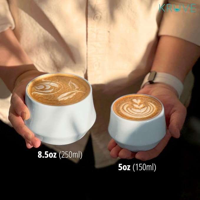 KRUVE IMAGINE Porcelain Latte Coffee Cups, Double Walled Espresso Cups, Glass Cups Set of Two - 8.5oz Thermal Spherical Design for Latte Art, Insulated Coffee Mugs for Heat Retention (Blue)