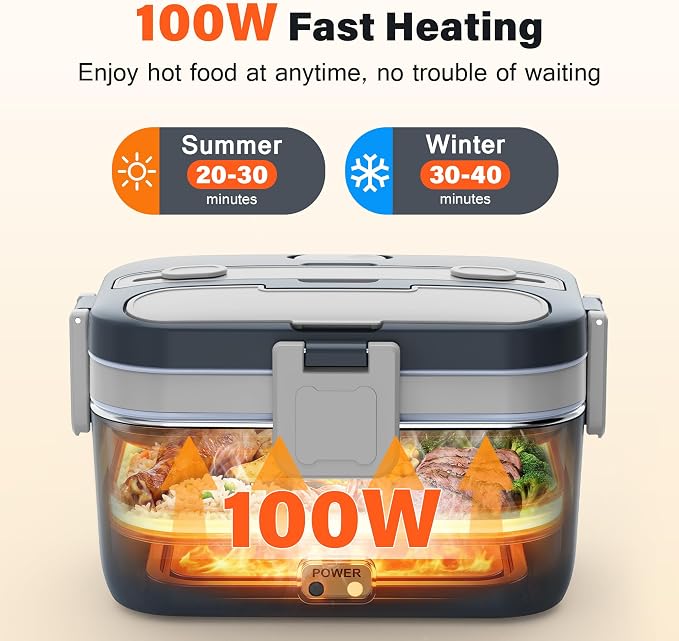 2.8L Electric Heated Lunch Box - 100W Portable Food Warmer for Adults, Leak-Proof & Dishwasher-Safe, Ideal for Car, Truck, Travel, Work, Gift for Men & Women