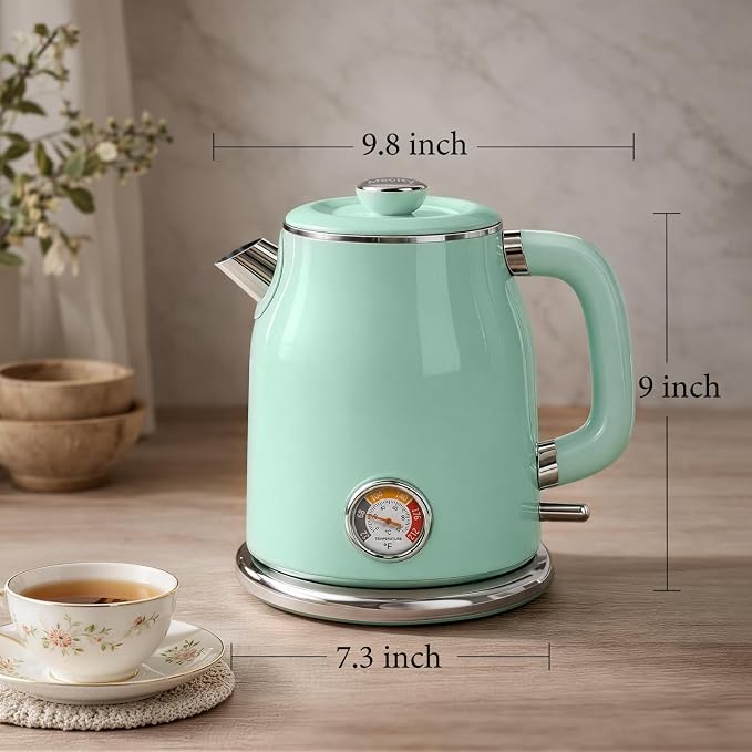 Mecity Retro Electric Kettle 1.7L, Stainless Steel Interior (No Plastic Contact), Double Wall Cool Touch, Fast Boil 1500W, Thermometer (°F/°C), Removable Lid, Wide Opening Easy Cleaning, 120V, Green