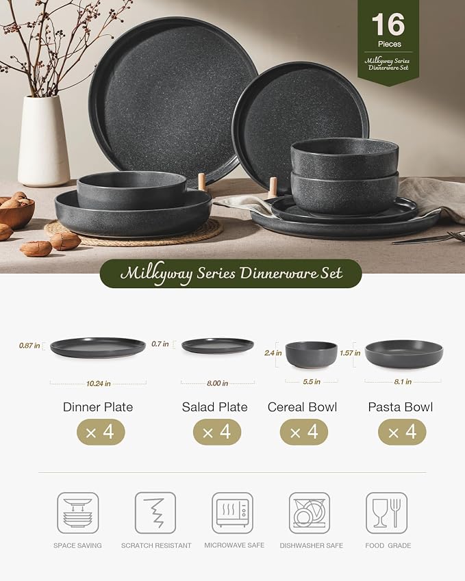 Famiware Milkyway Stoneware Dinnerware Sets with Pasta Bowls, Service for 4 (16 Pieces), Reactive Glaze Plates and Bowls Sets, Microwave and Dishwasher Safe Dishes Set, Matte Dark Charcoal