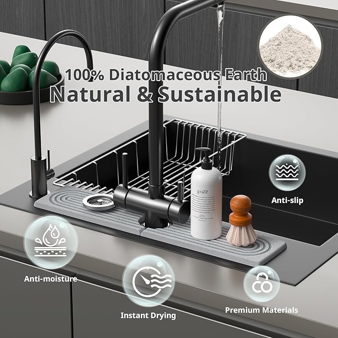 Quick Dry Sink Splash Guard - 15.8" Fast Drying Diatomaceous Earth Faucet Tray - Super Absorbent Sink Faucet Mat for Kitchen & Bathroom Countertops - Gray