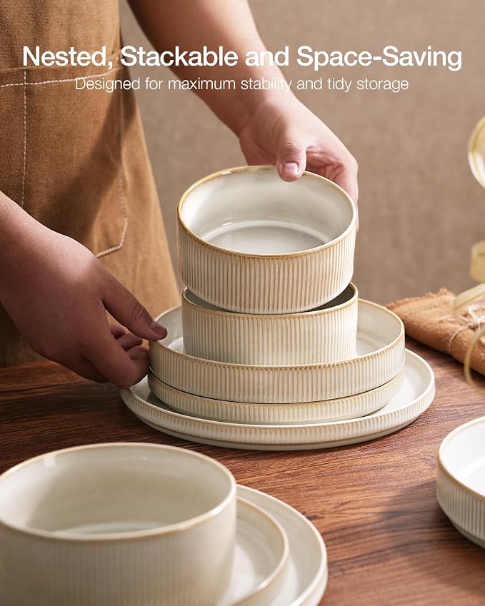 Famiware Star 12-Piece Stoneware Flat Plate Set for 6-10.5" Dinner Plates & 8" Salad Plates, High Edge Dinnerware with Trim, Chip & Scratch Resistant, Microwave & Dishwasher Safe, Cappuccino White