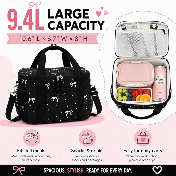 BTOOP Insulated Lunch Box for Women, Cute Corduroy Lunch Bag with Shoulder Strap, Leakproof Wide-Open Lunch Tote for Work, Office, School, Picnic, Pink Bow-Black