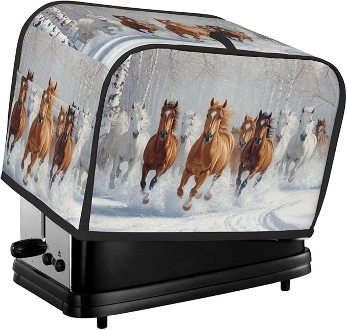 2 Slice Toaster Cover for Kitchen Horses Snow Winter Waterproof and Dustproof Oxford Fabric Toaster Dust Cover with Side Pockets Decorative Universal Cover for Wide Slot Toasters and Small Appliances